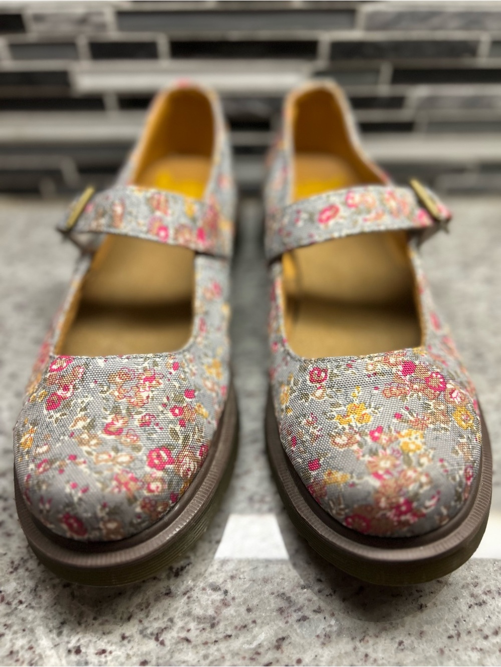 Dr martens Floral Mary Jane Platform Shoes - Pink & Yellow on Gray size 10 - Picture 2 of 9